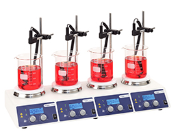 Magnetrührer mit Heizung RSM-03-4KH, mit 4 Rührpositionen inkl. Temperatur Sensor und Stativ