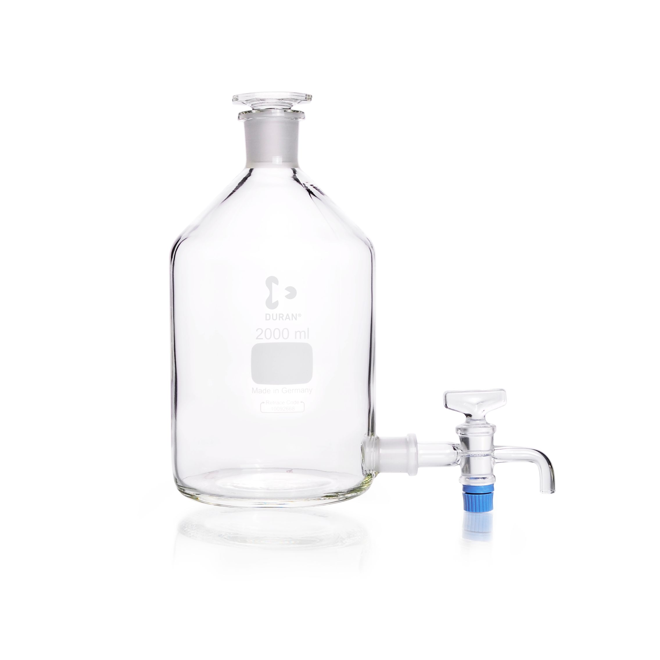 Stutzenflasche, Bodentubus mit NS-Hahn und Stopfen