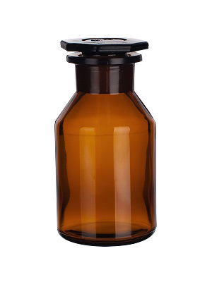 Rundschulterflasche, weithals, braun, mit Glasstopfen
