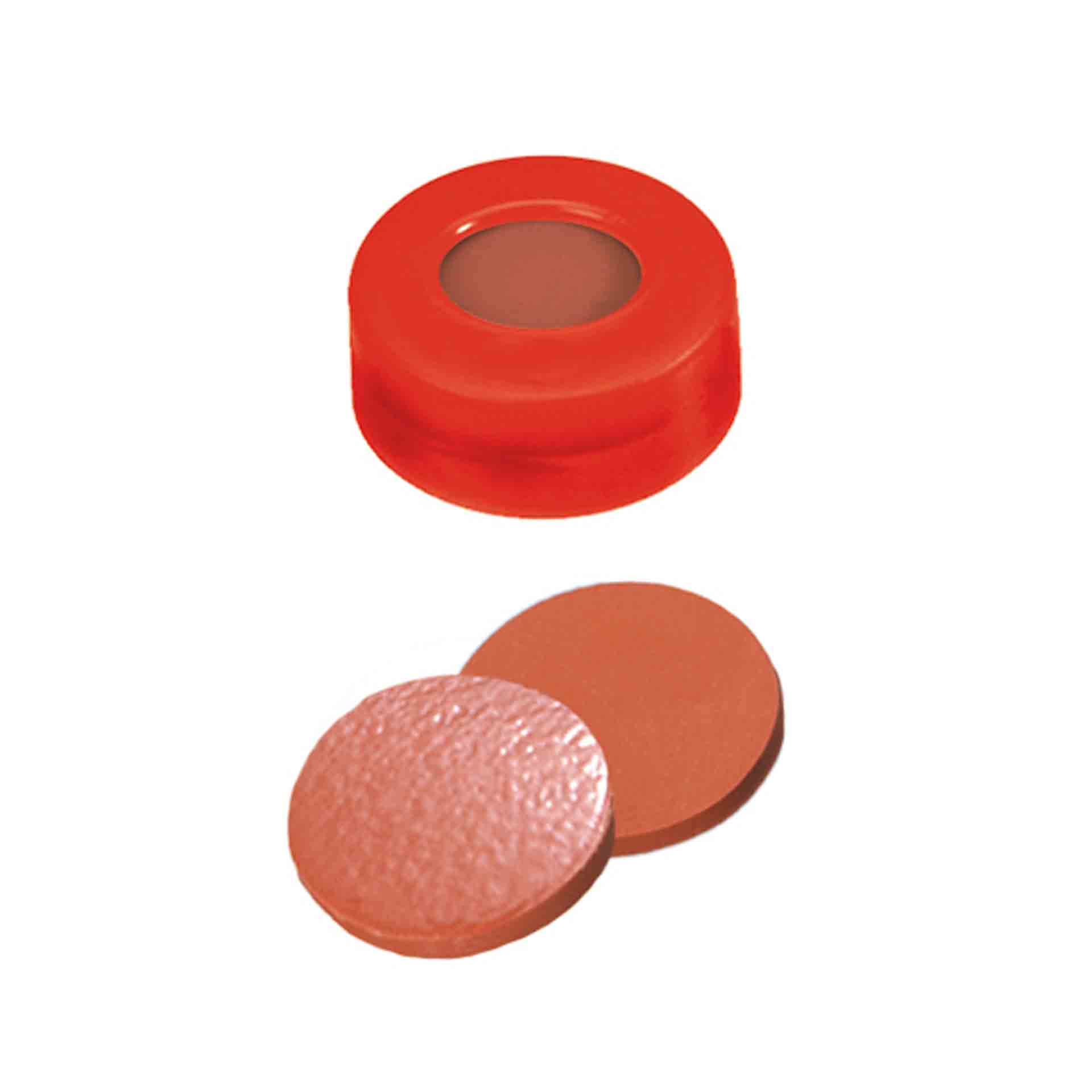 Schnappringkappe ND11, mit Loch, PE rot, Septum NK rot-orange/TEF transparent, 100 Stück