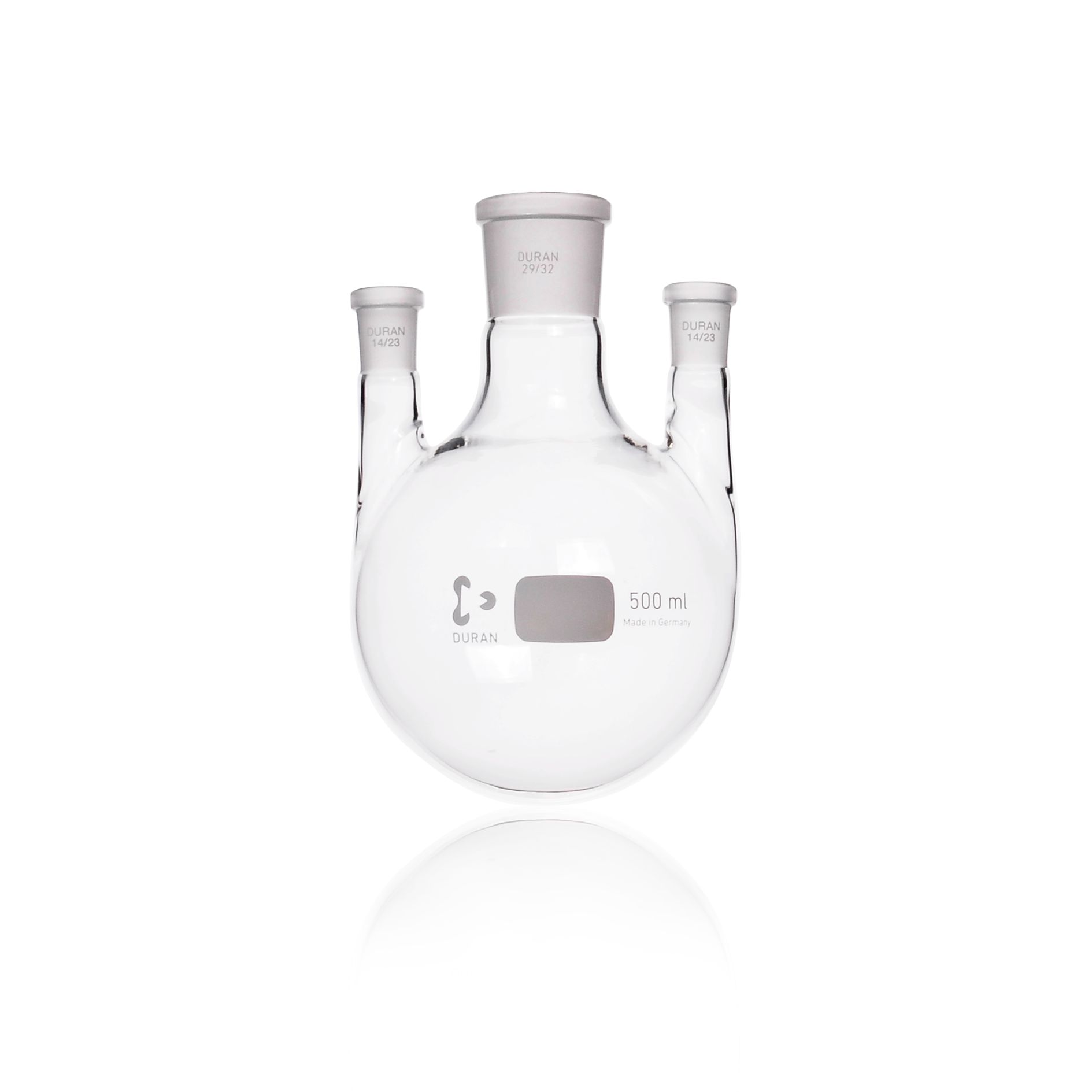 DURAN® Dreihals-Rundkolben, Mittelhals NS 29/32, Seitenhälse NS 14/23, 500 mL