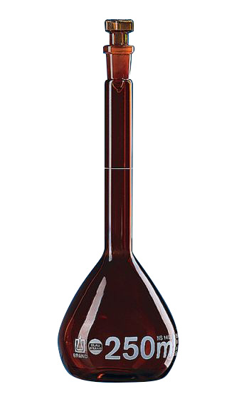 Messkolben, BLAUBRAND®, Klasse A, 20 mL, DE-M, Boro 3.3, mit Glasstopfen, braun, ISO-Chargenzertifik