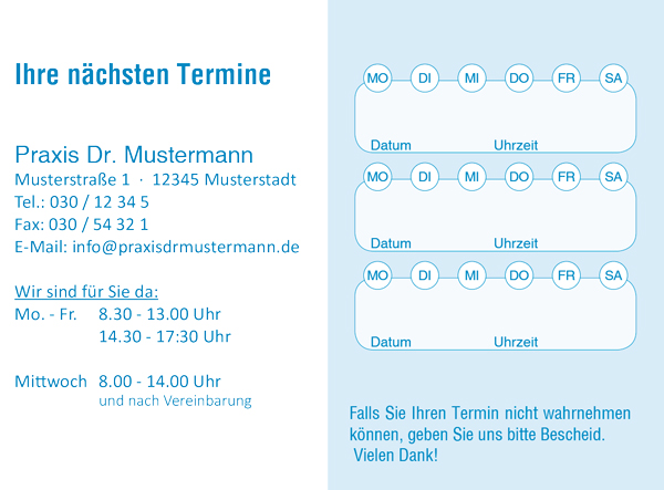 Terminzettel für Patienten, mit individuellem Text und Logo