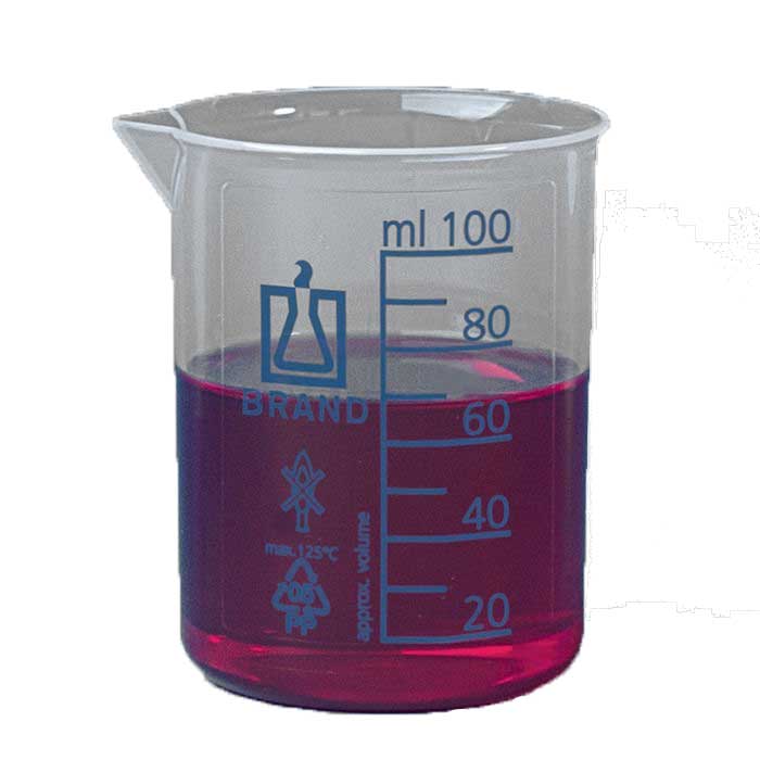 Messbecher, niedrige Form PP, 150 mL, 20 mL blaue Graduierung