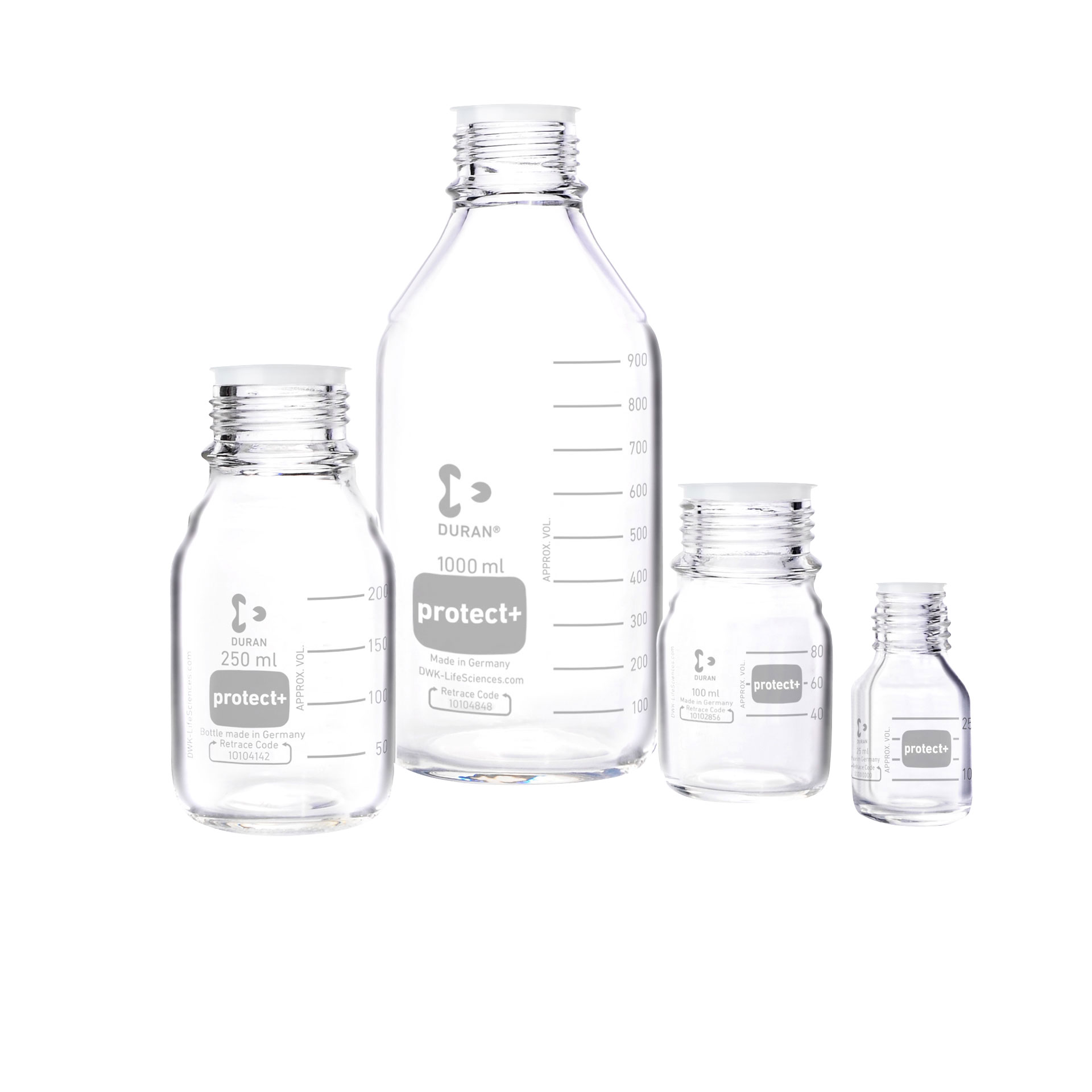 DURAN® Laborglasflasche protect+, klar, kunststoffummantelt (PA12), mit Staubschutzkappe