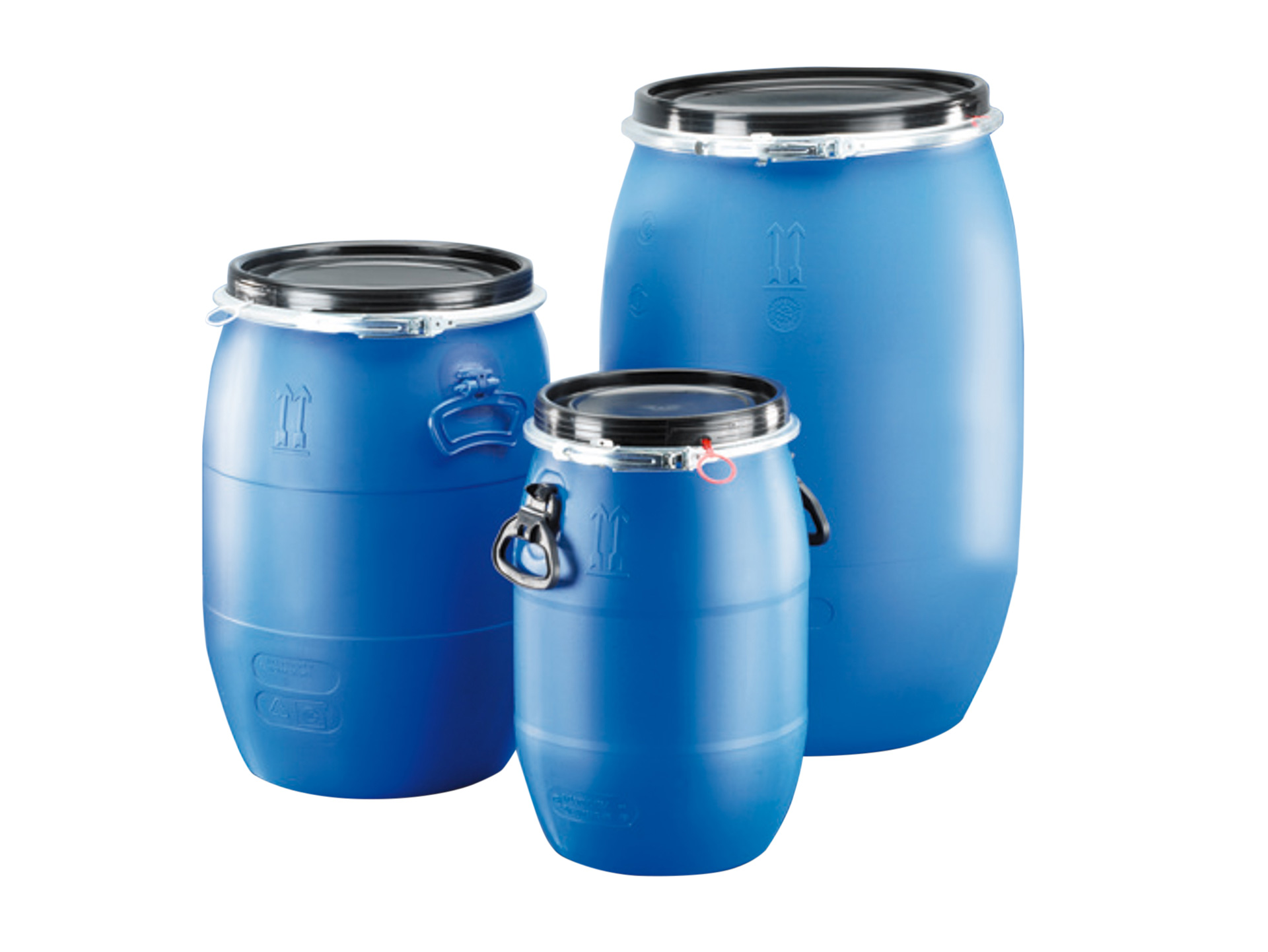UN-WH-Fass, HDPE, blau, rund, mit Deckel und Spannring
