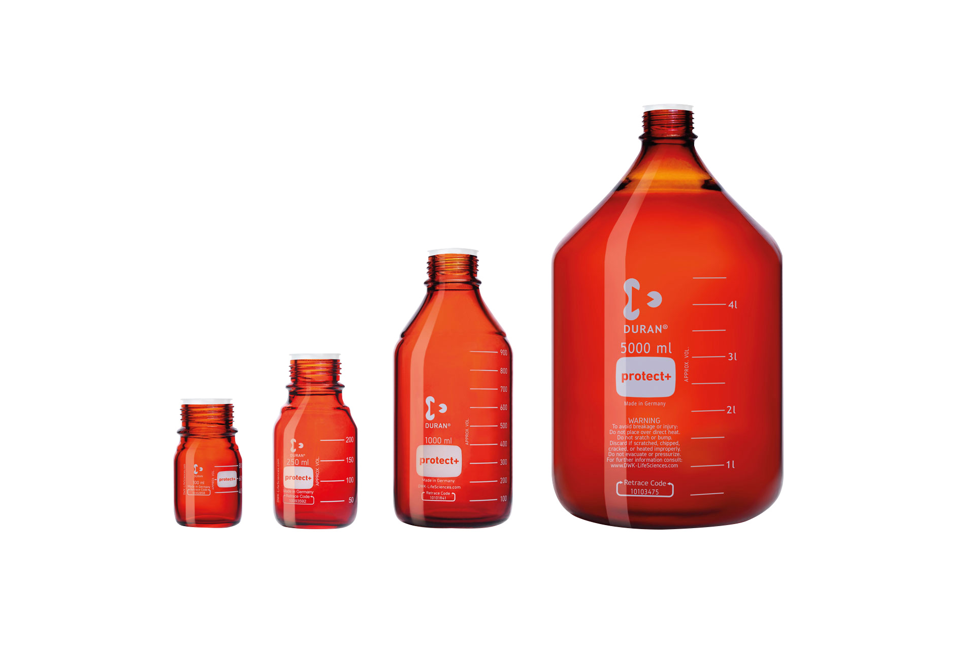 DURAN® Laborglasflasche protect+, braun, kunststoffummantelt (PA12), mit Staubschutzkappe