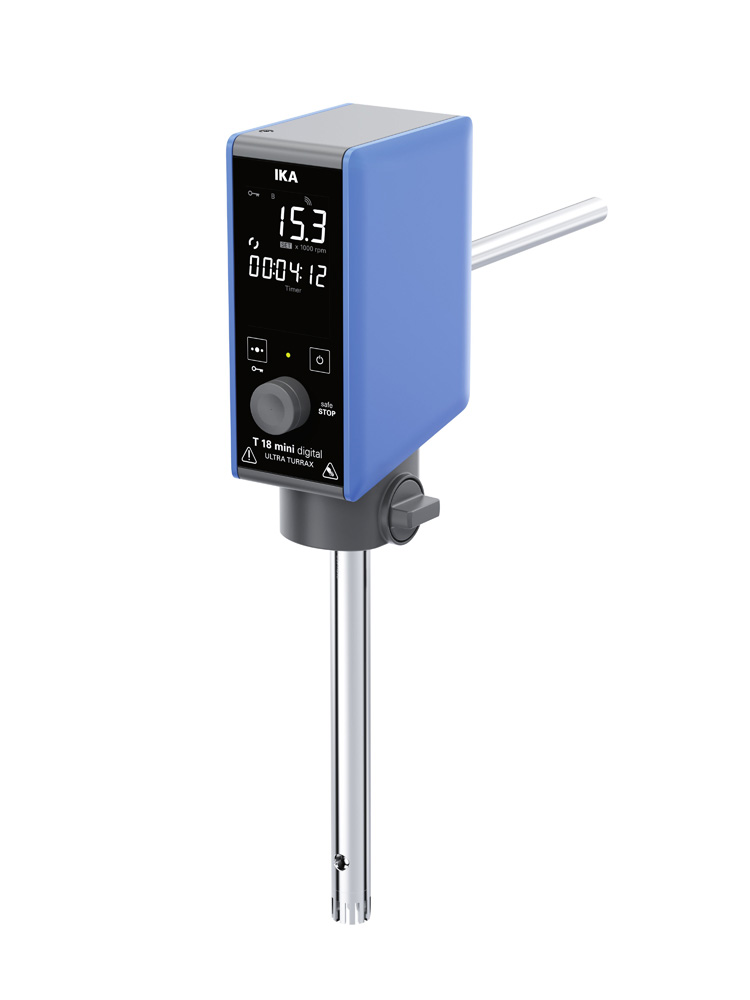 T 18 mini digital ULTRA-TURRAX® Dispergiergerät, Volumen (H2O) 0,001 - 1,5 L, Drehzahlbereich 3.000 - 25.000 rpm, max. Viskosität 2.000 mPas