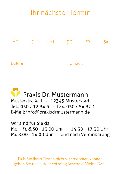 Terminzettel für Patienten, mit individuellem Text und Logo