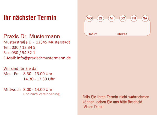 Terminzettel für Patienten, mit individuellem Text und Logo